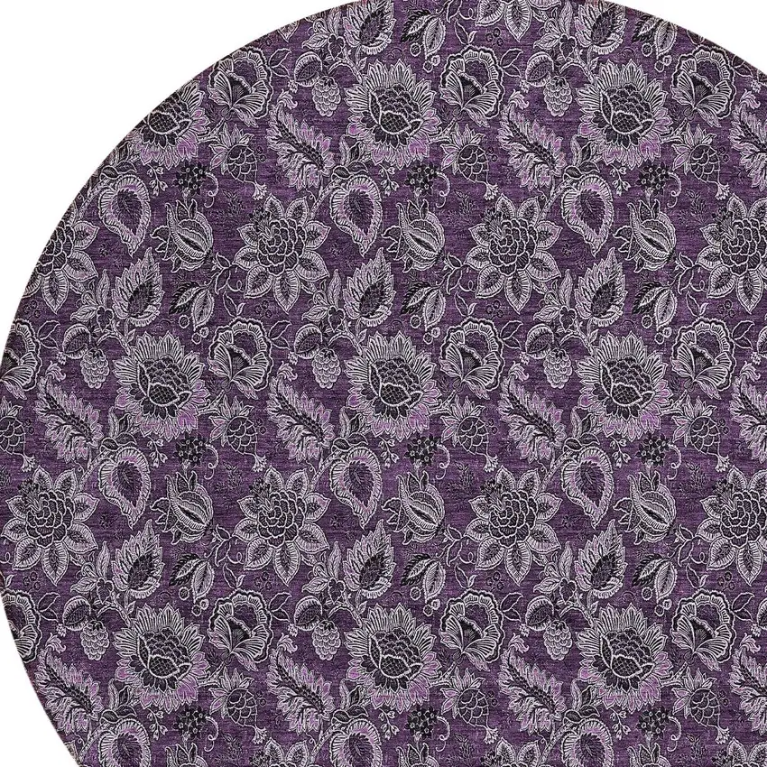 8' Eggplant Purple And Lilac Round Floral Washable Indoor Outdoor Area Rug Photo 4