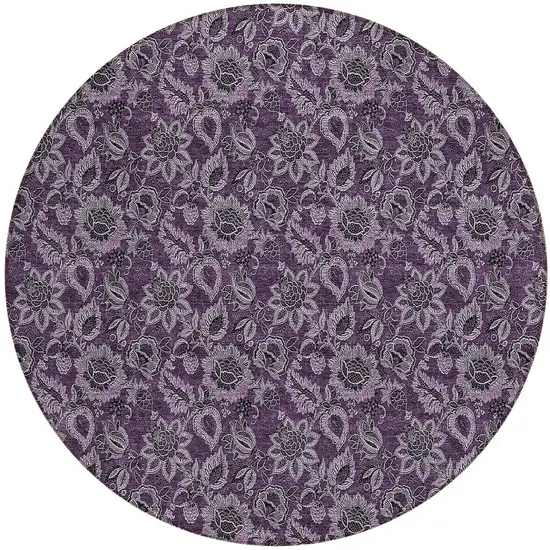8' Eggplant Purple And Lilac Round Floral Washable Indoor Outdoor Area Rug Photo 5