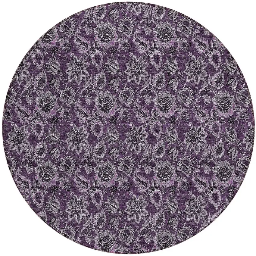 8' Eggplant Purple And Lilac Round Floral Washable Indoor Outdoor Area Rug Photo 5