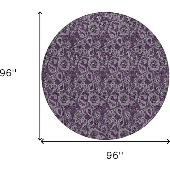 8' Eggplant Purple And Lilac Round Floral Washable Indoor Outdoor Area Rug Photo 3