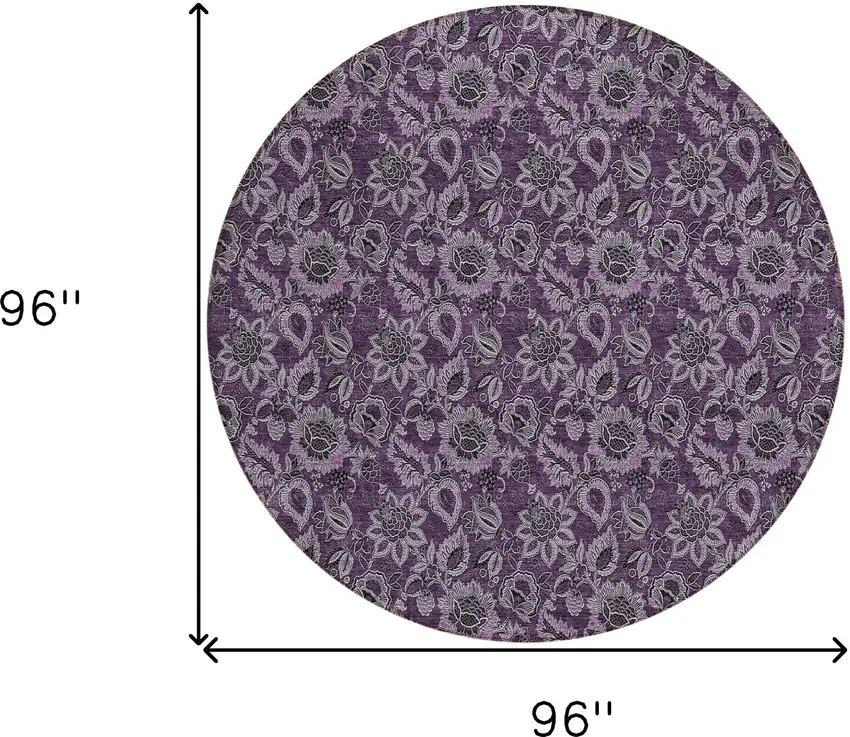 8' Eggplant Purple And Lilac Round Floral Washable Indoor Outdoor Area Rug Photo 3