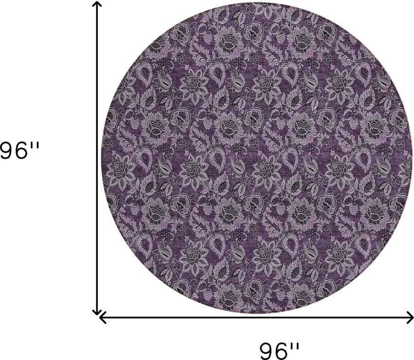 8' Eggplant Purple And Lilac Round Floral Washable Indoor Outdoor Area Rug Photo 3