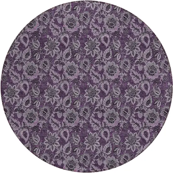 8' Eggplant Purple And Lilac Round Floral Washable Indoor Outdoor Area Rug Photo 2
