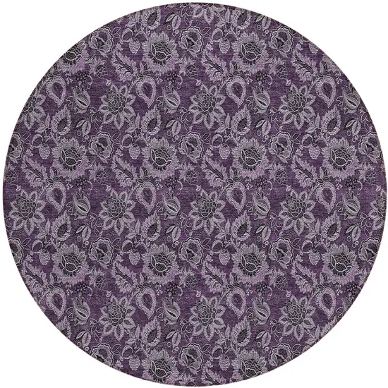 8' Eggplant Purple And Lilac Round Floral Washable Indoor Outdoor Area Rug Photo 2