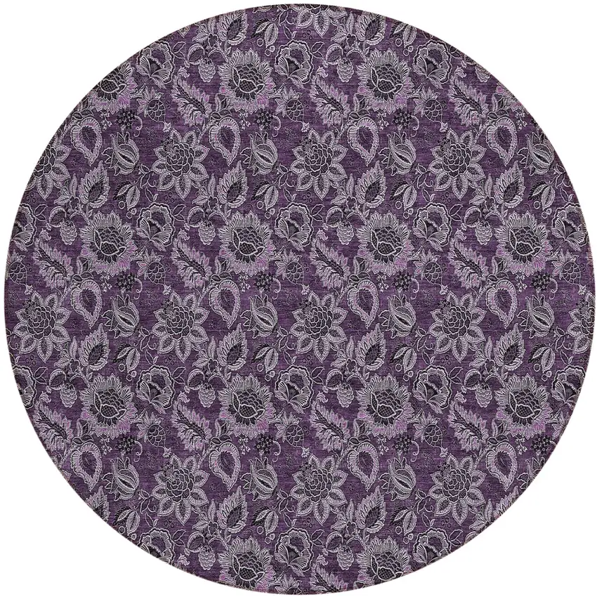 8' Eggplant Purple And Lilac Round Floral Washable Indoor Outdoor Area Rug Photo 2