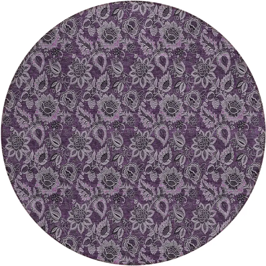 8' Eggplant Purple And Lilac Round Floral Washable Indoor Outdoor Area Rug Photo 2