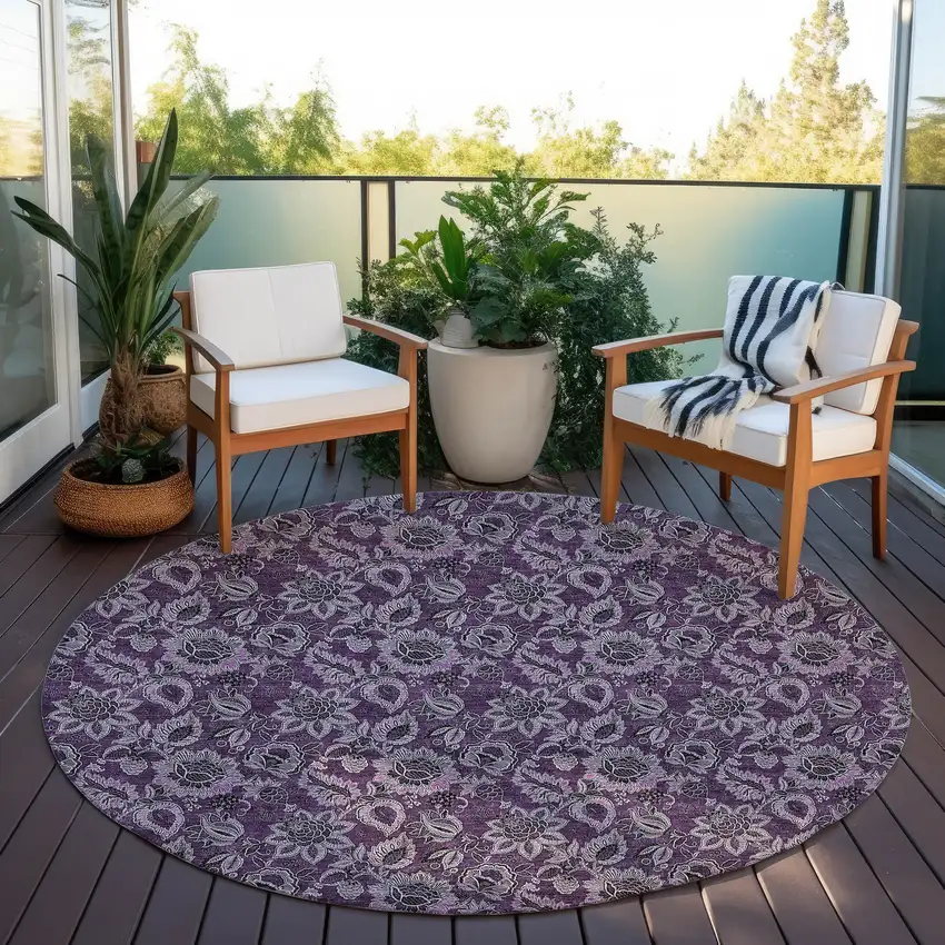 8' Eggplant Purple And Lilac Round Floral Washable Indoor Outdoor Area Rug Photo 6