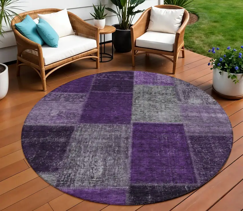 8' Eggplant Purple And Lilac Round Patchwork Washable Indoor Outdoor Area Rug Photo 1