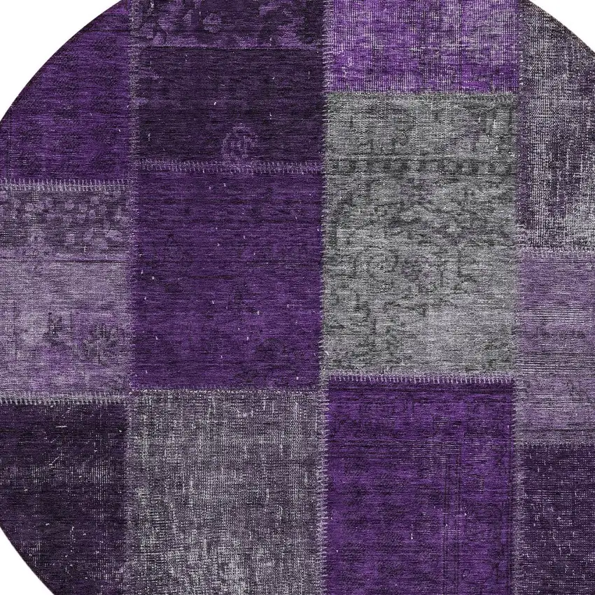 8' Eggplant Purple And Lilac Round Patchwork Washable Indoor Outdoor Area Rug Photo 4