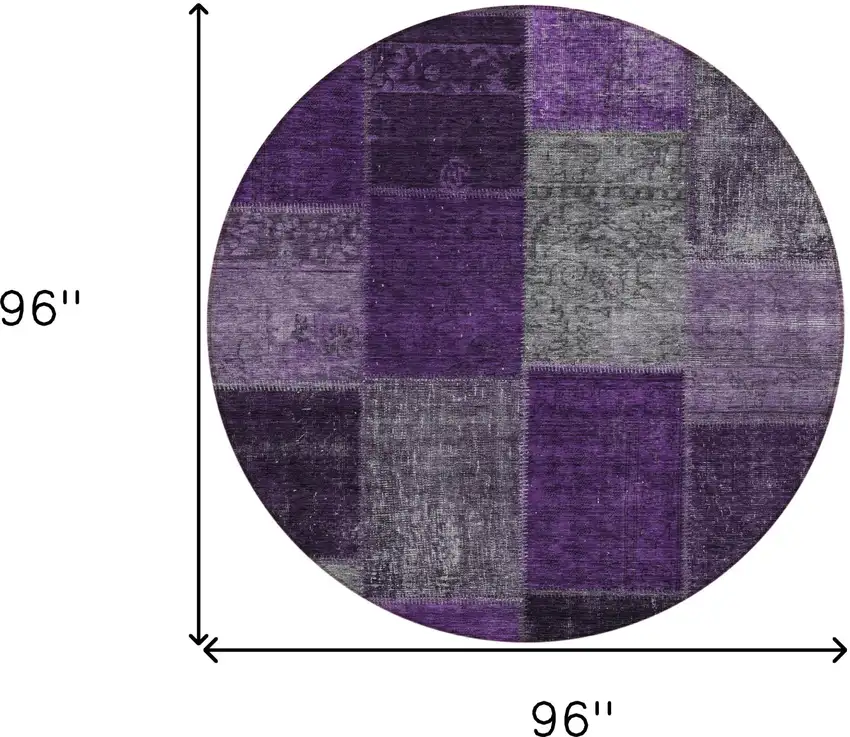 8' Eggplant Purple And Lilac Round Patchwork Washable Indoor Outdoor Area Rug Photo 3