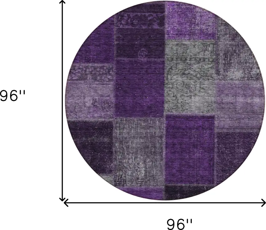 8' Eggplant Purple And Lilac Round Patchwork Washable Indoor Outdoor Area Rug Photo 3