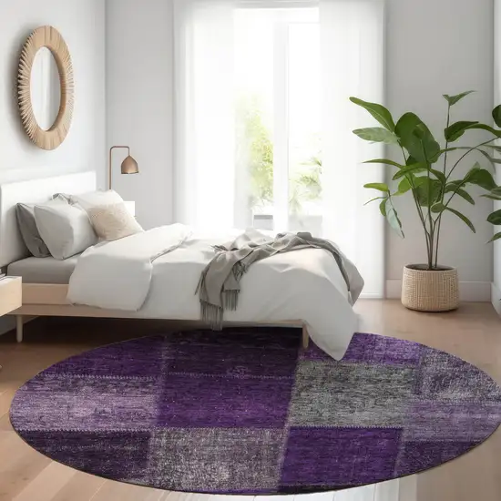8' Eggplant Purple And Lilac Round Patchwork Washable Indoor Outdoor Area Rug Photo 7