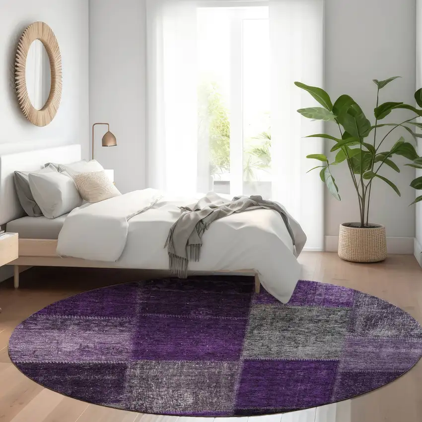 8' Eggplant Purple And Lilac Round Patchwork Washable Indoor Outdoor Area Rug Photo 7