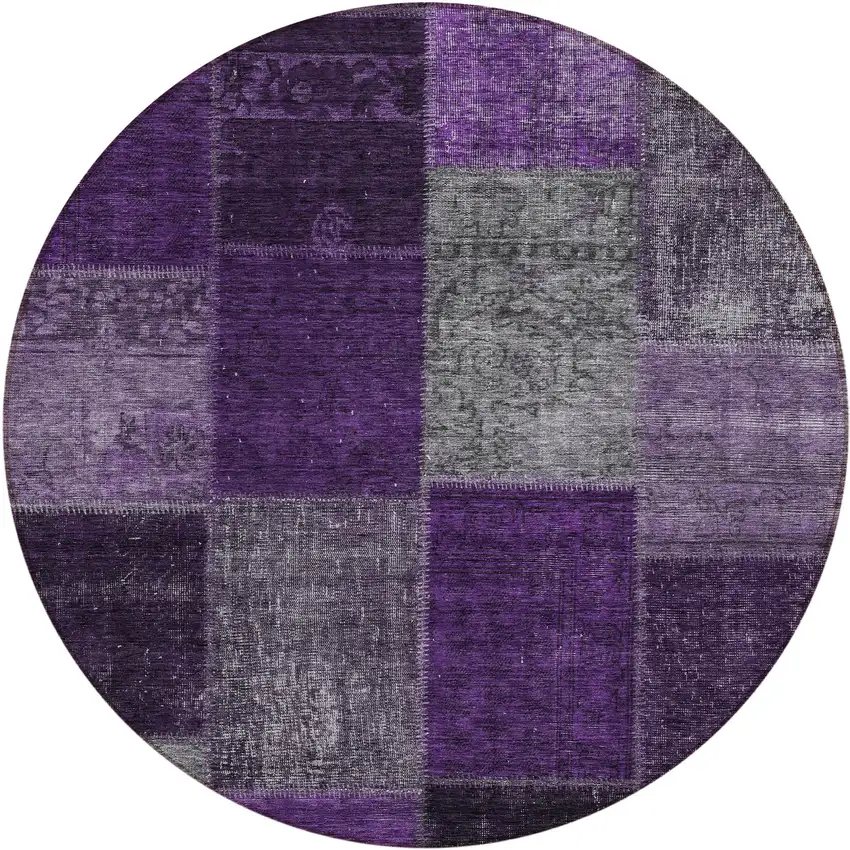 8' Eggplant Purple And Lilac Round Patchwork Washable Indoor Outdoor Area Rug Photo 2
