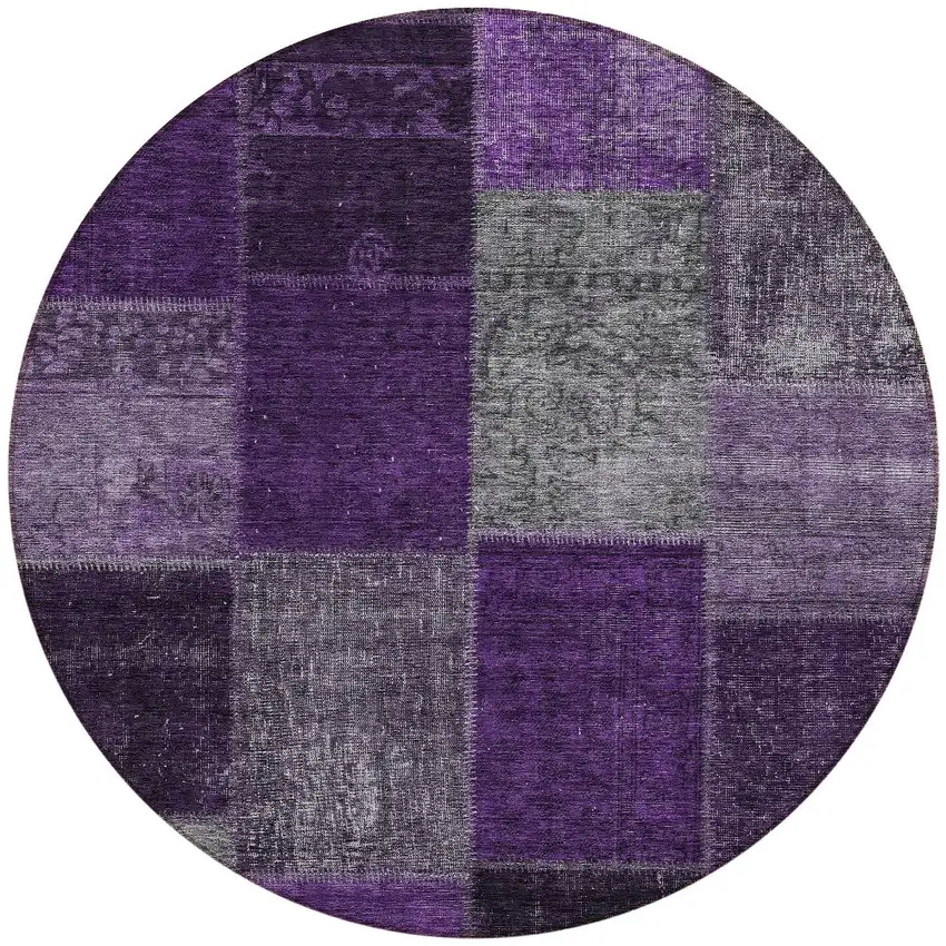 8' Eggplant Purple And Lilac Round Patchwork Washable Indoor Outdoor Area Rug Photo 5
