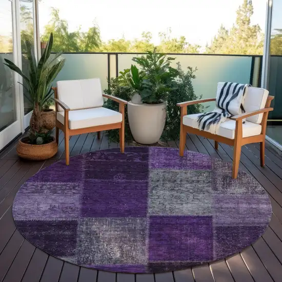 8' Eggplant Purple And Lilac Round Patchwork Washable Indoor Outdoor Area Rug Photo 6