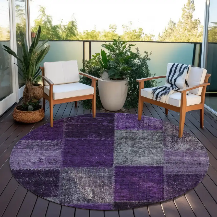 8' Eggplant Purple And Lilac Round Patchwork Washable Indoor Outdoor Area Rug Photo 6
