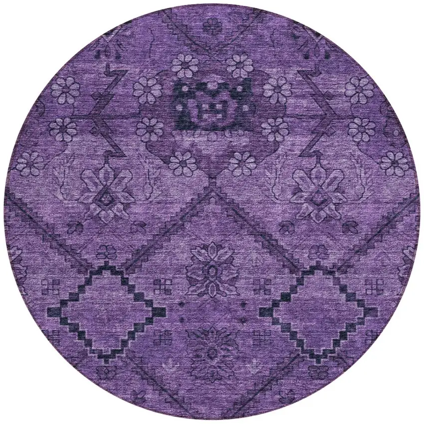 8' Eggplant Purple And Plum Round Floral Washable Indoor Outdoor Area Rug Photo 5