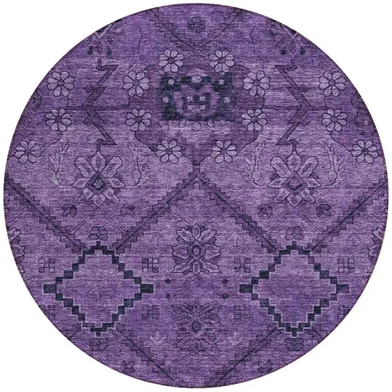 8' Eggplant Purple And Plum Round Floral Washable Indoor Outdoor Area Rug Photo 5