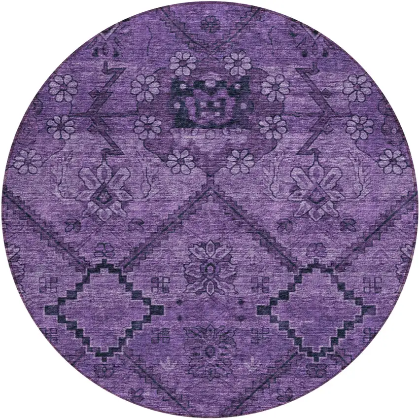 8' Eggplant Purple And Plum Round Floral Washable Indoor Outdoor Area Rug Photo 2