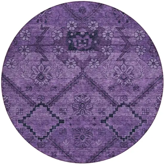 8' Eggplant Purple And Plum Round Floral Washable Indoor Outdoor Area Rug Photo 2