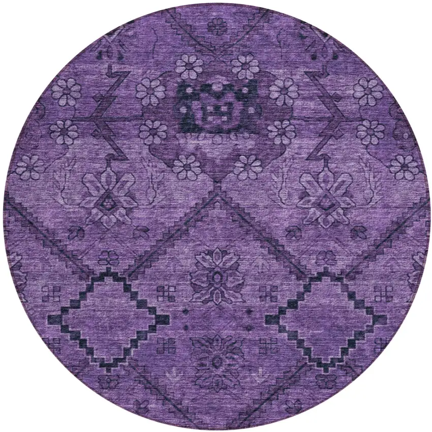8' Eggplant Purple And Plum Round Floral Washable Indoor Outdoor Area Rug Photo 2