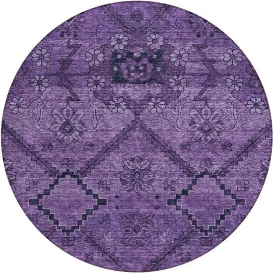 8' Eggplant Purple And Plum Round Floral Washable Indoor Outdoor Area Rug Photo 2