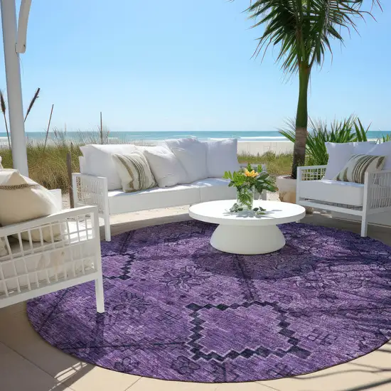 8' Eggplant Purple And Plum Round Floral Washable Indoor Outdoor Area Rug Photo 6