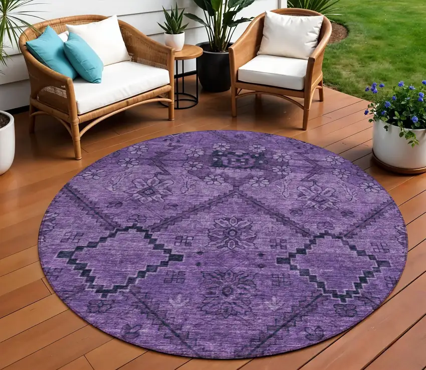 8' Eggplant Purple And Plum Round Floral Washable Indoor Outdoor Area Rug Photo 1