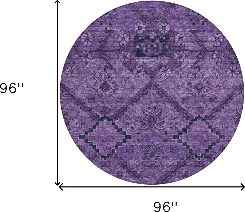 8' Eggplant Purple And Plum Round Floral Washable Indoor Outdoor Area Rug Photo 3