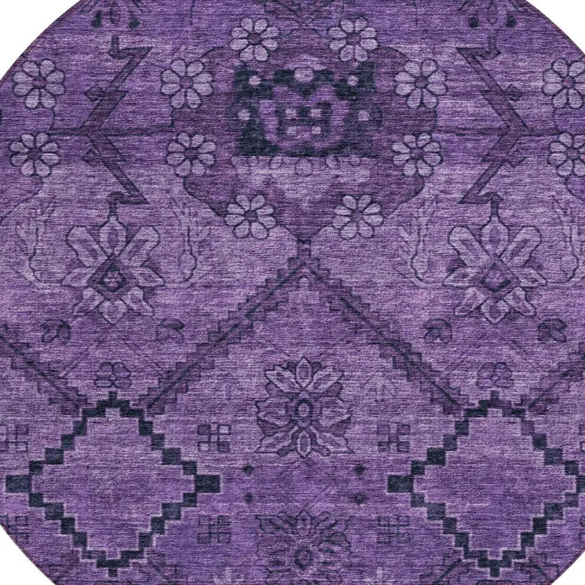 8' Eggplant Purple And Plum Round Floral Washable Indoor Outdoor Area Rug Photo 4
