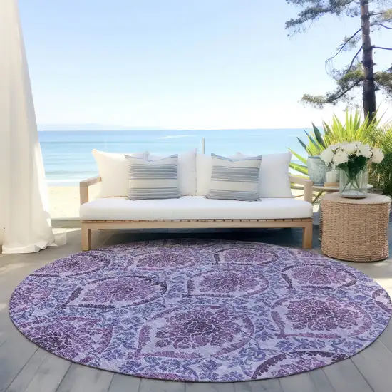 8' Eggplant Purple And Silver Round Medallion Washable Indoor Outdoor Area Rug Photo 8