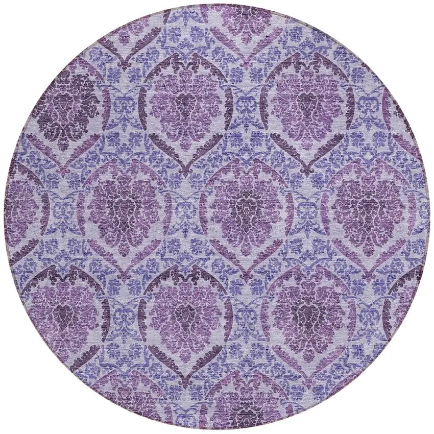 8' Eggplant Purple And Silver Round Medallion Washable Indoor Outdoor Area Rug Photo 7