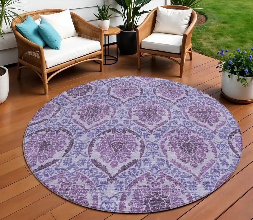 8' Eggplant Purple And Silver Round Medallion Washable Indoor Outdoor Area Rug Photo 1