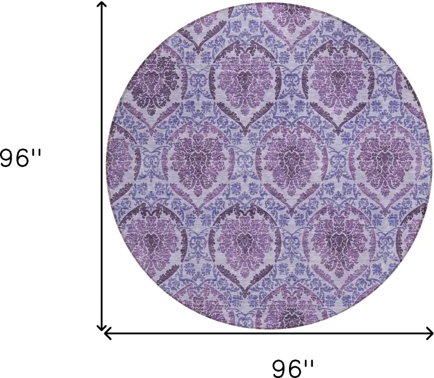 8' Eggplant Purple And Silver Round Medallion Washable Indoor Outdoor Area Rug Photo 3