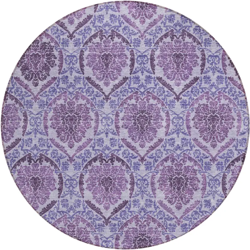 8' Eggplant Purple And Silver Round Medallion Washable Indoor Outdoor Area Rug Photo 2