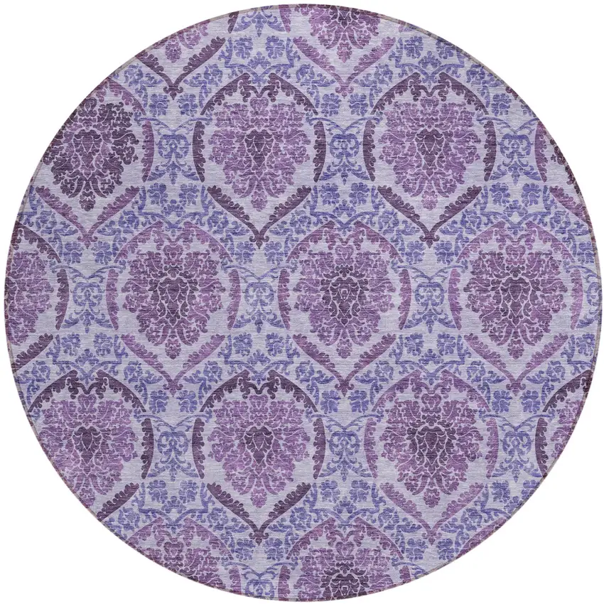 8' Eggplant Purple And Silver Round Medallion Washable Indoor Outdoor Area Rug Photo 2