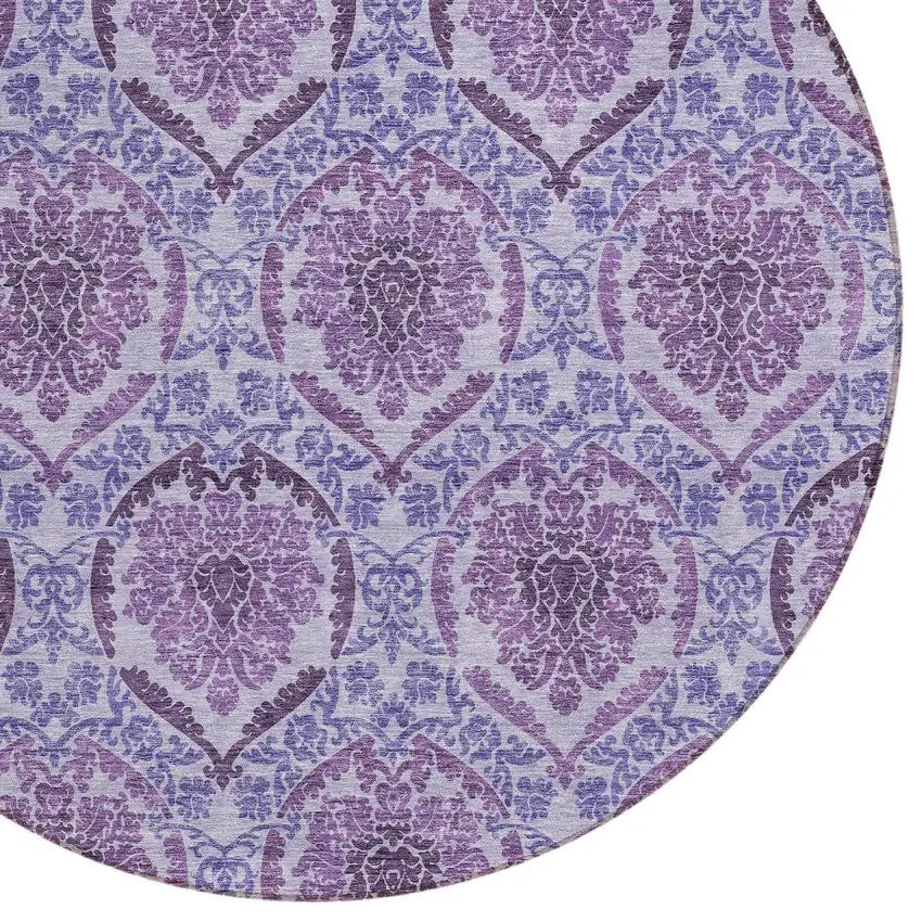 8' Eggplant Purple And Silver Round Medallion Washable Indoor Outdoor Area Rug Photo 6