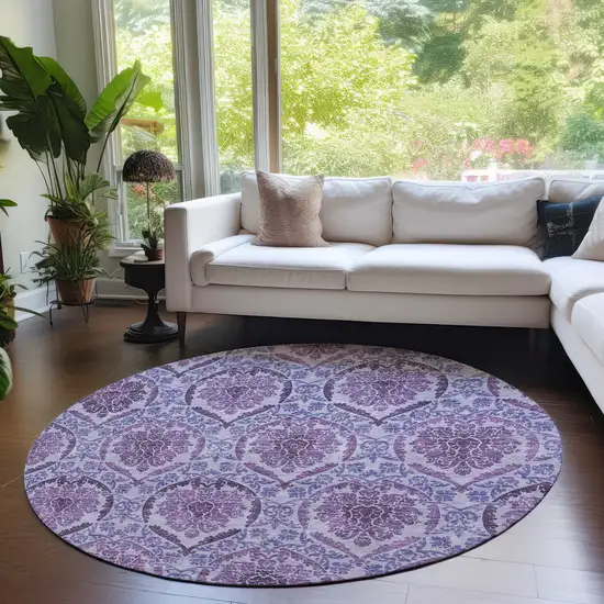 8' Eggplant Purple And Silver Round Medallion Washable Indoor Outdoor Area Rug Photo 9