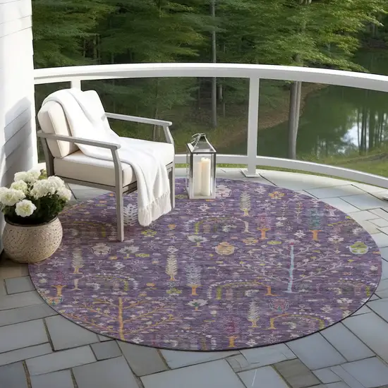 8' Eggplant Terra Cotta And Green Round Floral Washable Indoor Outdoor Area Rug Photo 8