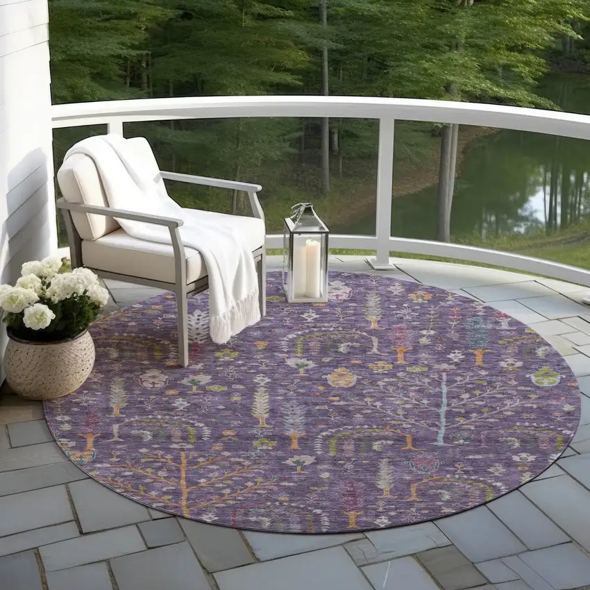 8' Eggplant Terra Cotta And Green Round Floral Washable Indoor Outdoor Area Rug Photo 8