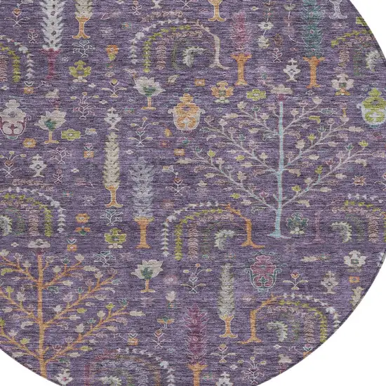 8' Eggplant Terra Cotta And Green Round Floral Washable Indoor Outdoor Area Rug Photo 6