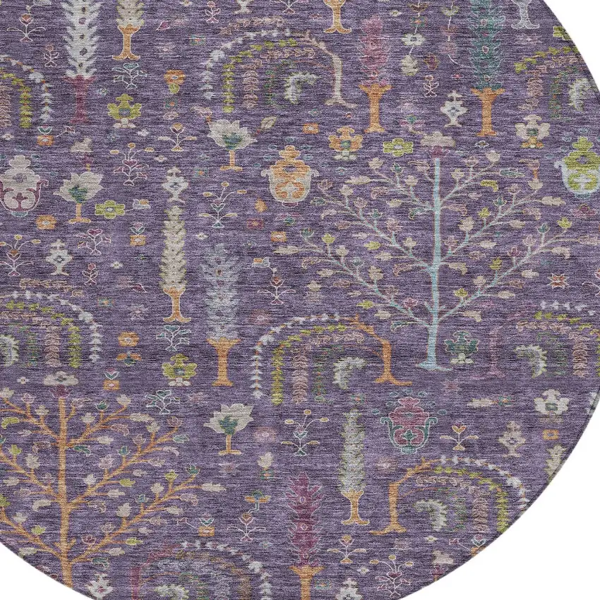 8' Eggplant Terra Cotta And Green Round Floral Washable Indoor Outdoor Area Rug Photo 6