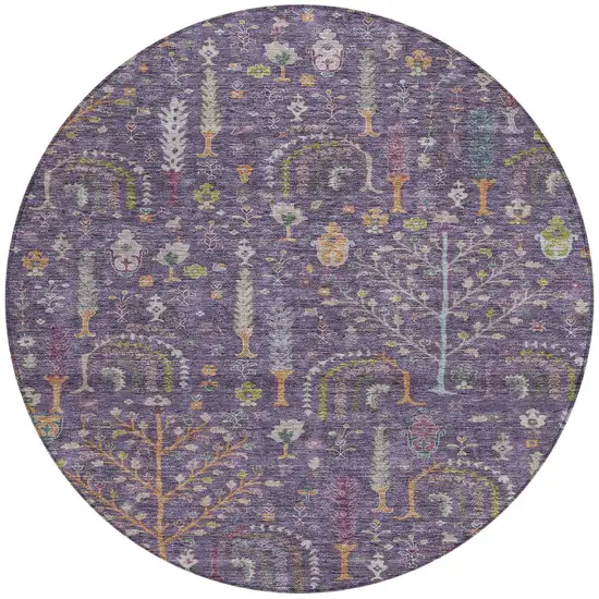 8' Eggplant Terra Cotta And Green Round Floral Washable Indoor Outdoor Area Rug Photo 7