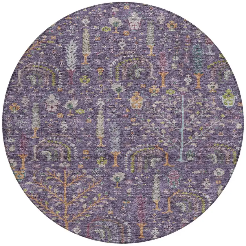 8' Eggplant Terra Cotta And Green Round Floral Washable Indoor Outdoor Area Rug Photo 7