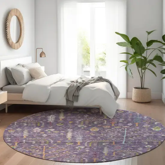 8' Eggplant Terra Cotta And Green Round Floral Washable Indoor Outdoor Area Rug Photo 9