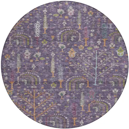 8' Eggplant Terra Cotta And Green Round Floral Washable Indoor Outdoor Area Rug Photo 2