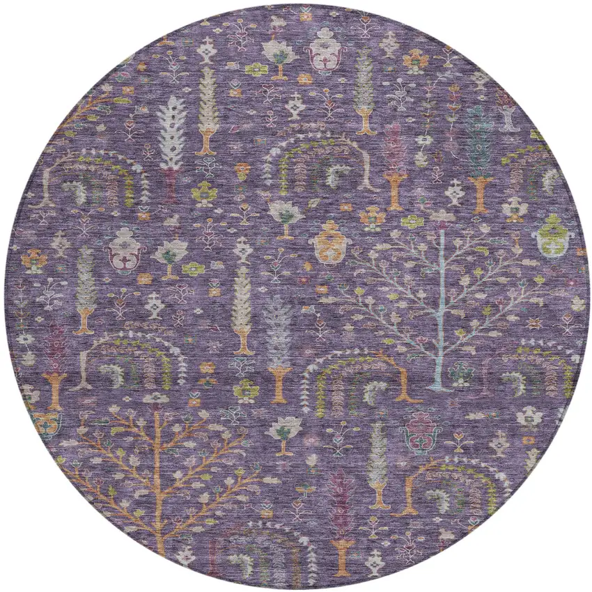 8' Eggplant Terra Cotta And Green Round Floral Washable Indoor Outdoor Area Rug Photo 2