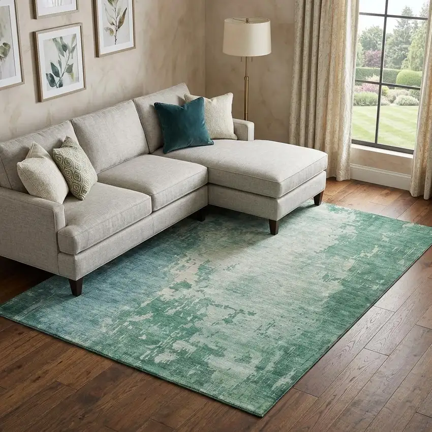 8' Emerald And Denim Blue Abstract Washable Area Rug With UV Protection Photo 1