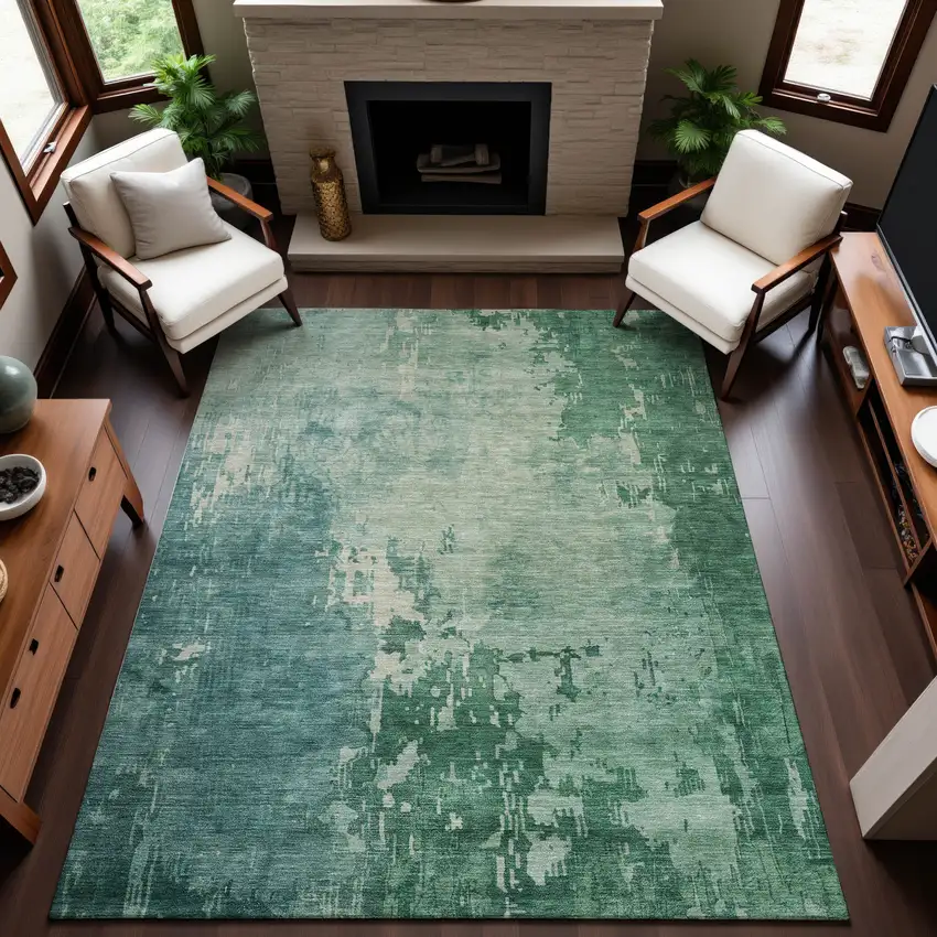 8' Emerald And Denim Blue Abstract Washable Area Rug With UV Protection Photo 4